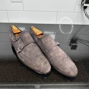 Santoni Men Dress Shoes Black/Grey Suede Monkstrap US 12